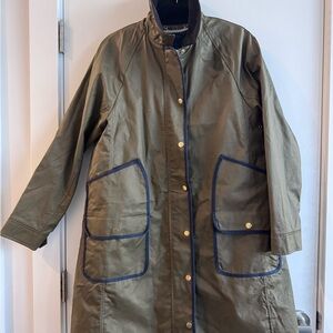 J Crew Olive Green Barn Coat Waxed Cotton with Navy Trim